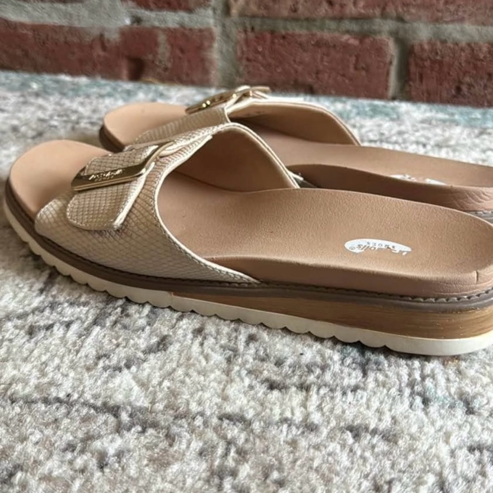 Dr. Scholl's Cream Slide Sandals with Gold Buckle - Picture 2 of 3